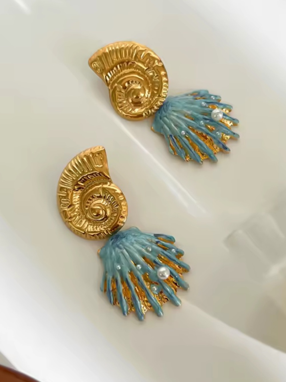 Anthropologie Gold and Turquoise Shell Drop Earrings - Picture 3 of 5